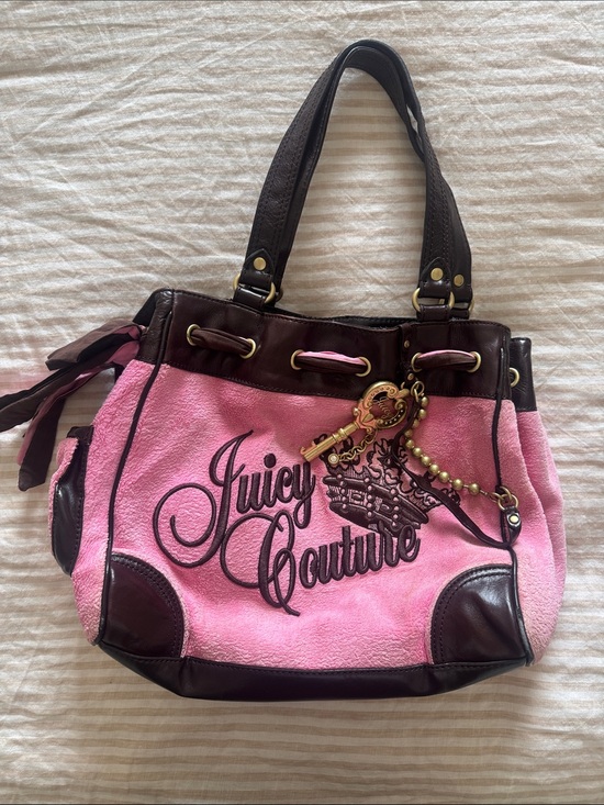 Juicy Couture Handbags - Vintage RARE Juicy Couture Pink Shoulder Bag with Dark Brown Trim and Charm